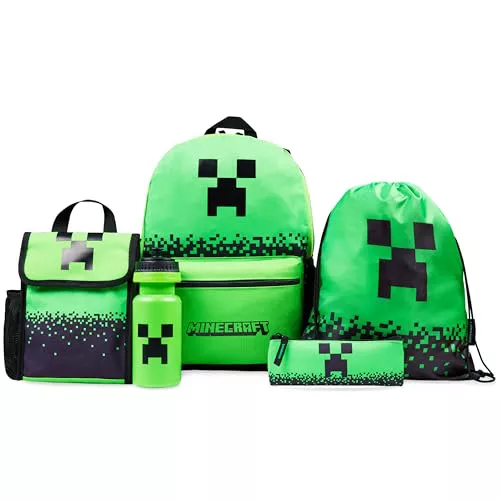 Minecraft Mochila Escolar Set de 5 Piezas Botella de Agua Bolsa Almuerzo Estuche Infantil Mochila Cuerdas o Llavero Correa con Cordón Material Escolar (Verde)