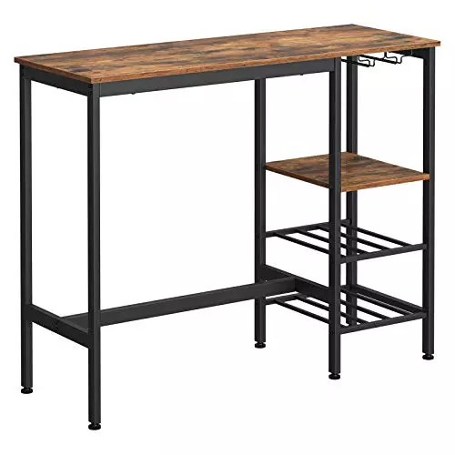 VASAGLE Mesa alta de comedor, bar, con soporte para copas de vino y botellero, para salón, cocina, 110 x 40 x 90 cm, industrial, marrón rústico y negro LBT013B01, madera de ingeniería