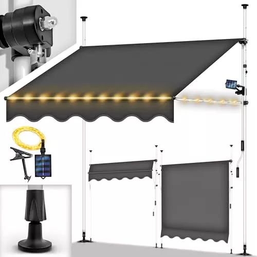 tillvex Toldo de balcón con manivela, 150 cm, gris con led, sin taladrar, resistente a los rayos ultravioleta y regulable en altura, protección solar impermeable