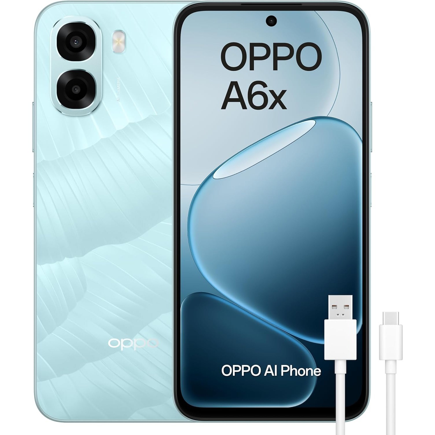 OPPO A6x 4G - Smartphone Libre con IA, 4GB RAM+128GB, Batería 6100 mAh, Pantalla LCD HD+ 120Hz, IP64, Cámara 13MP, Dual SIM, Versión Española - Azul