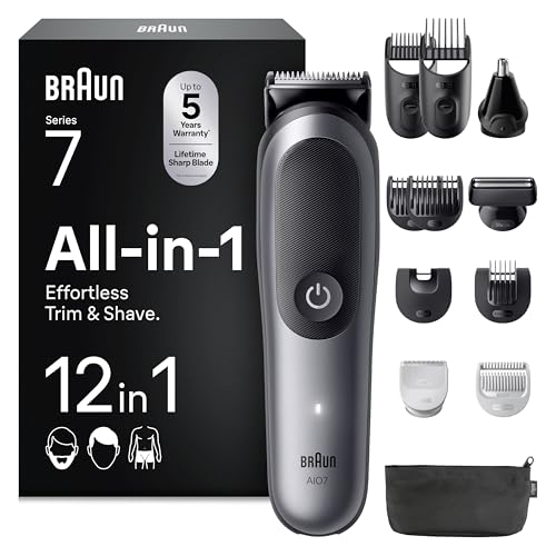 Braun Recortadora Todo en Uno Series 7 AIO7545, Kit de Styling 12en1 para Barba, Pelo, Orejas, Nariz Y Cuerpo, 14 Longitudes, 120 Min de Autonomía, Gris, El Embalaje Puede Variar