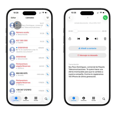El registro de la llamada con la petición queda guardado en la app Teléfono de iOS 26