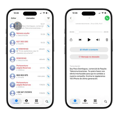 El registro de la llamada con la petición queda guardado en la app Teléfono de iOS 26