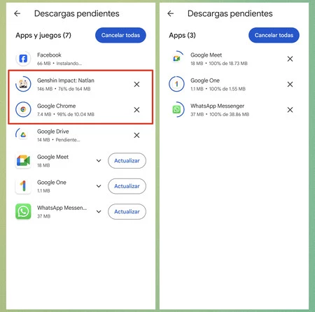 左: 2 つのアップデートが同時にダウンロードされ、1 つのアップデートがインストール中にダウンロードされます。右: 3 つのアプリのアップデートが同時にダウンロードされています。