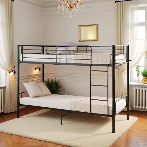 DORAFAIR Litera 90 x 200 cm, Cama de Metal con somier, Cama Infantil con Escalera y protección anticaídas, Cama Doble, Negro