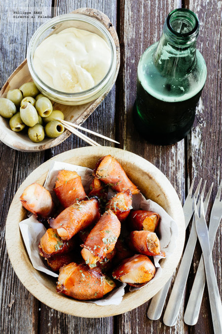 Bocados dulces de pollo y tocino. Receta de botana