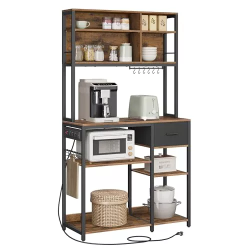 VASAGLE Estantería de Cocina con Multienchufe, Armario de Cocina, 40 x 100 x 180,4 cm, Estante de Microondas, Cajón de Tela, 12 Ganchos, Marrón Rústico y Negro Tinta KKS027K02