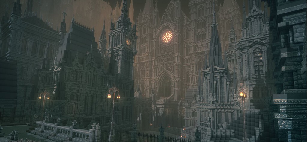 Esta imagen no es de Bloodborne, es la ciudad gótica de FromSoftware recreada en Minecraft a escala real