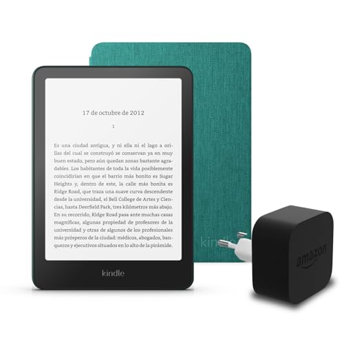 El último Kindle Paperwhite (versión 2024) de 16 GB con anuncios, una funda de tela de Amazon y un adaptador de corriente Amazon Powerfast de 9 W
