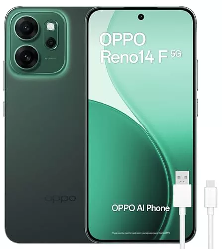 OPPO Reno14 5G – Smartphone Libre con IA, 8GB RAM + 256GB, Cámara Triple 50MP, Batería 6000mAh, Carga Rápida 45W, Pantalla AMOLED 120Hz, IP69, Dual SIM, Android, Versión Española - Luminous Green