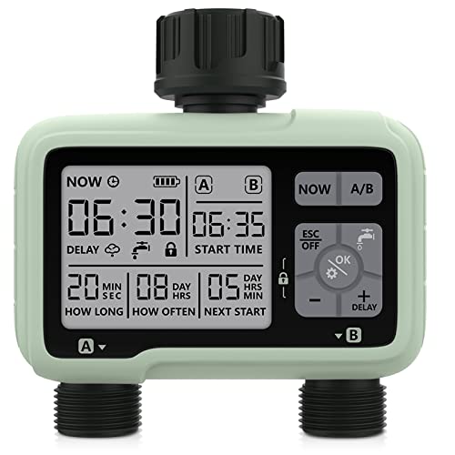 CROSOFMI Temporizador de riego 2 Salidas Jardín Temporizador de Agua Riego automático/Pantalla LCD/Operación fácil/Bloqueo para niños/Retraso por Lluvia intensa/Riego Manual