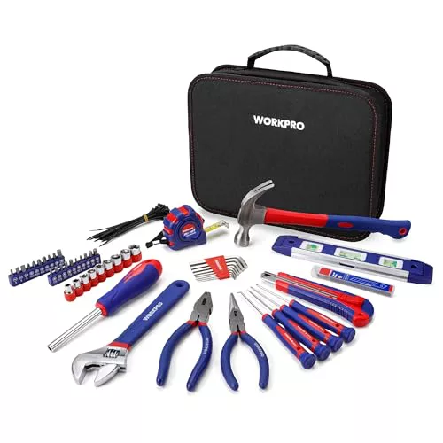 WORKPRO Juego de Herramientas Básicas 100 Piezas con Bolsa | Kit de Herramientas Manuales para Hogar, Reparaciones Diarias, Bricolaje y Mantenimiento