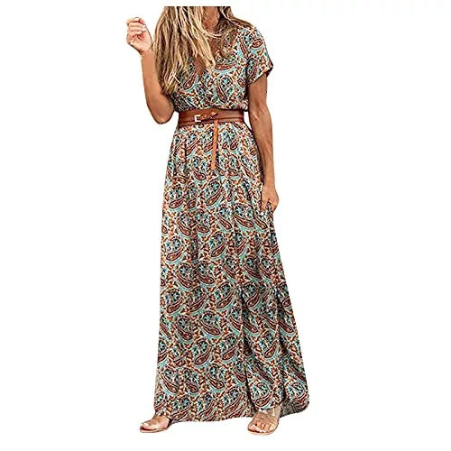 VEMOW Vestido Largo Mujer Maxi Moda Talla Grande Cuello en V, Comunion Ropa de Mujer Verano Informal Suelto de Vestido de Cintura de Manga Corta con Estampado Estilo Bohemio con Cinturón