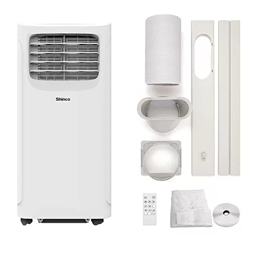 SHINCO 9000BTU Aire Acondicionado Portátil con Función 3 en 1, Aire acondicionado, Deshumidificador, Ventilador, Modo de suspensión, Para máximo de 22㎡, Temporizador de 24 horas, 2 Kits de Ventana