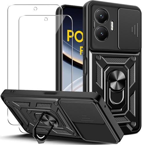 KUSINHOKA Funda para Xiaomi Poco F7 5G con Protección de Cámara Cubierta y Soporte de Anillo + [2 Pack] Cristal Templado