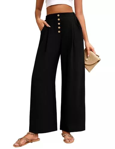 heekpek Pantalones Mujer Verano Anchos Comodo Ligeros Frescos Pantalon Fluido Cintura Alta Casual Suelta Pantalones Mujer Tallas Grandes, Negro, XL