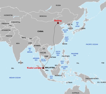 Mapa do voo programado do MH370. Weaveravel (Wikimedia)