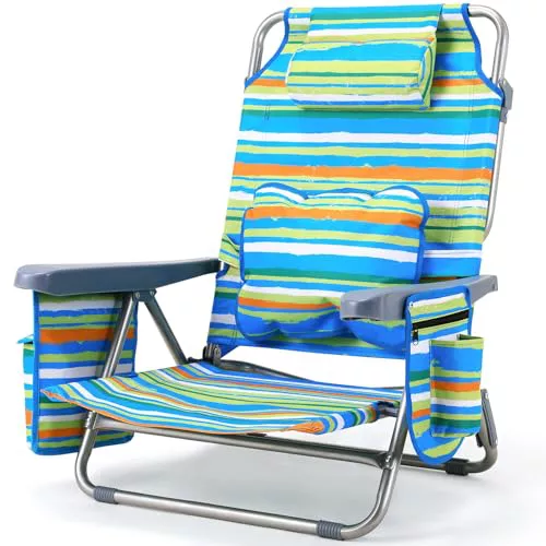 LIFERUN Silla de playa plegable con función de mochila, silla plegable portátil con función reclinable para arena, respaldo alto, reposabrazos, cojín lumbar, reposacabezas (1, verde, 110 x 65 x 65 cm)