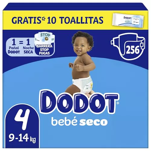 Dodot Pañales Bebé-Seco, Talla 4 (9-14 kg), 256 Pañales + 1 Pack de 10 Toallitas Regalo