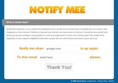 Notify Mee, notificaciones por e-mail de disponibilidad de sitios web caídos