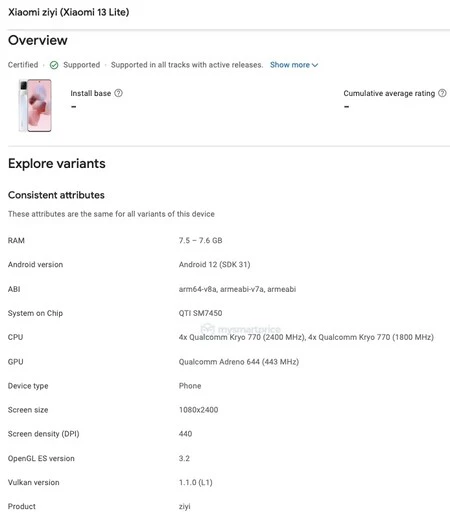 Google Play ConsoleでXiaomi 13 Liteのスペックがリーク(画像:MySmartPrice)