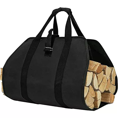 ZONSUSE Bolsa de Transporte para Leña de Lona, Bolsas de leña para Chimenea, Bolsa de Leña Almacenamiento Plegable, Accesorios para Estufa, para Interior y Exterior, Camping, Playa, Hoguera (Negro)