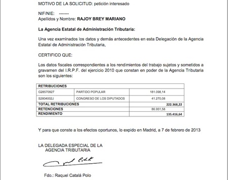 Certificado Ingresos IRPF 2010 - Mariano Rajoy