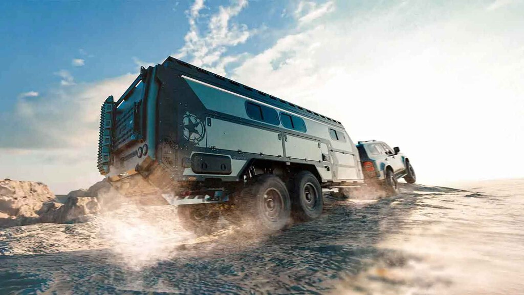Esta descomunal caravana tiene una suspensión todoterreno que ya quisieran muchos 4x4. Una locura gigantesca hasta con lavadora capaz de llegar a cualquier parte 