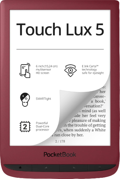 PocketBook Touch Lux 5 - Libro electrónico (8 GB de Memoria, Pantalla de 15,24 cm (6"), SMARTlight, WiFi), Color Rojo RubyRed