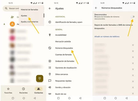 Capturas de pantalla mostrando los pasos a seguir para bloquear las llamadas de números privados o no identificados en Android