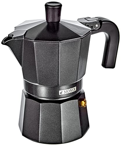 Monix Vitro Noir | Cafetera Italiana de Aluminio 3 Tazas, Apta para Vitrocerámica, Gas y Eléctrica, NO Apta para Inducción, Mango Termoresistente