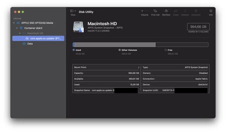M1 の SSD 情報を含むディスク ユーティリティ。