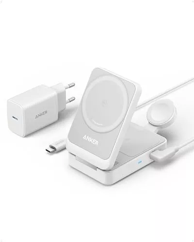 Anker MagGo Cargador Inalámbrico iPhone 3 en 1 con MagSafe 15W, Cargador Magsafe Soporte de Carga Certificado Qi2, iPhone 16/15/14/13 Series, AirPods, Apple Watch 9 (Enchufe Incluido)