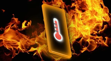 炎に囲まれた携帯電話と画面上の温度計のイラスト