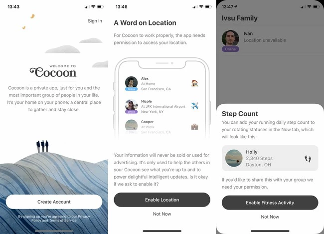 Cocoon onboarding screens explaining its private-group, location, and fitness permissions