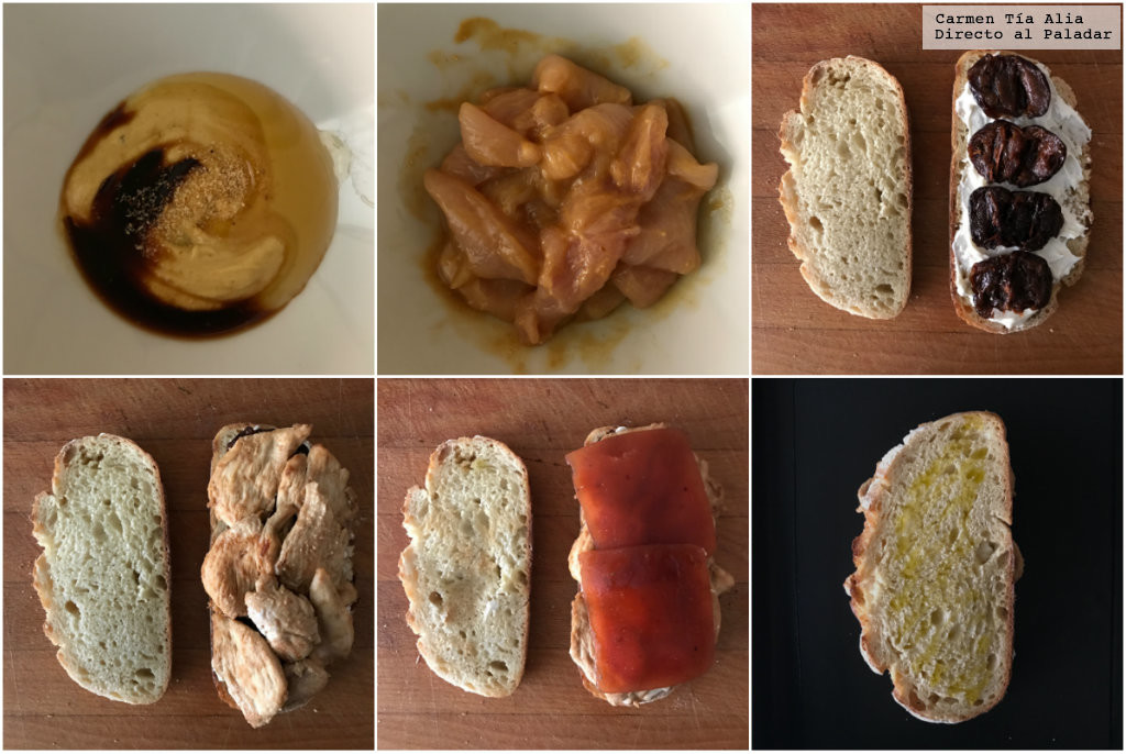 Sandwich de pollo a la mostaza, queso de cabra, ciruelas y membrillo
