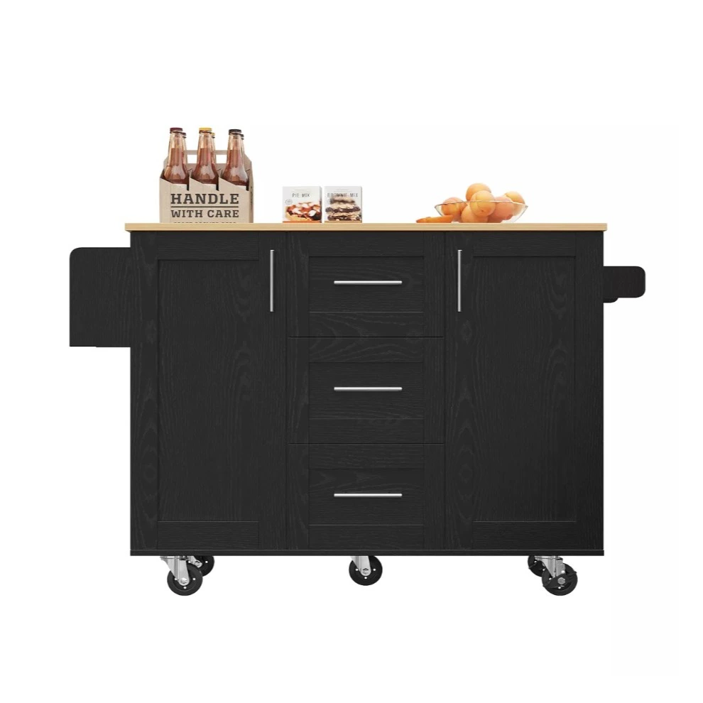 Isla de cocina - características con separación desmontable, estantes, carrito con ruedas - Negro