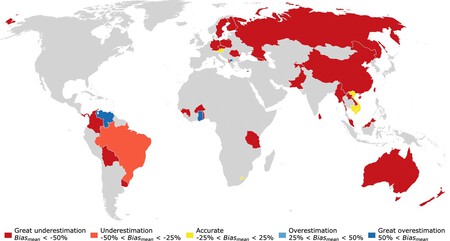 Percentual médio da população rural subestimado (vermelho e laranja) e superestimado (azul) | Universidade de Aalto