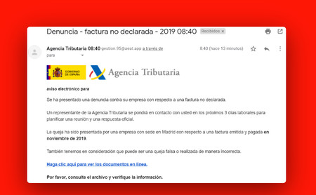 La Agencia Tributaria no envía emails sobre denuncias a tu empresa ni devoluciones de impuestos, es una nueva estafa de phishing