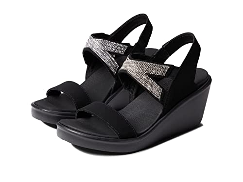 Skechers RUMBLE ON CHART TOPPER, Sandalias de Talón Abierto para Mujer, Black Mitobuck/ Metal/ Clear Rhinestone