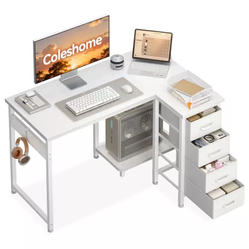 Coleshome Escritorio Esquinero con 4 Cajones, 100x70cm, Blanco