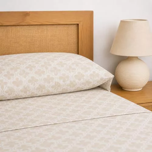 TRAMAS+ Sábanas 100% Algodón, Suave y Traspirable, Juego de sábanas 3 Piezas, Sábana Bajera Ajustable, Encimera, 1/2 Fundas de Almohada - Cama 135, Kemala, Arena