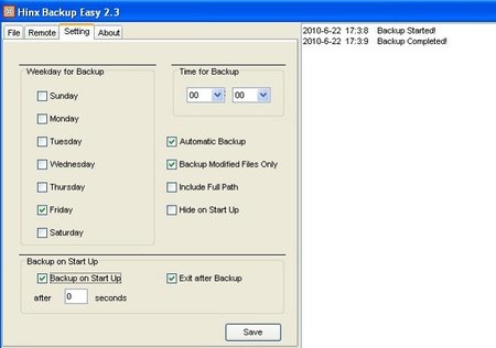Opciones configuración Hinx Easy Backup