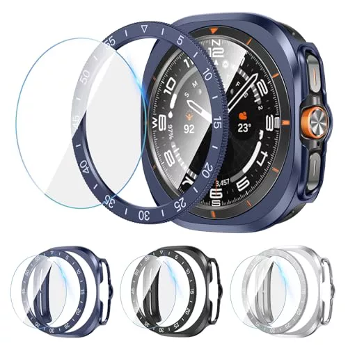 [3+3Pack] Kamita Funda Protectora para Samsung Galaxy Watch Ultra 47mm, 3 Protector de Pantalla de Cristal Templado+3 PC Bumper Case+3 Anillo de Bisel Cover para Galaxy Watch Ultra (Negro+Azul+Plata)