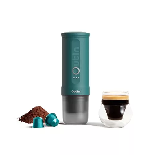 OutIn Nano Cafetera Espresso Eléctrica Portátil, Cafetera de Viaje para Camping, Cafetera de Coche Autocalentable con USB-C, Con Café Molido y Cápsula NS para RV, Senderismo, Oficina