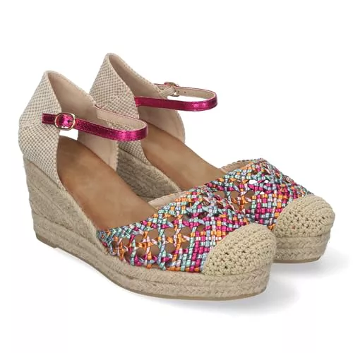 shoes&blues.es 84201 Sandalia de Cuna para Mujer, Comodas y Elegantes, Forrada de Yute, con Pala Calada, y Cierre de Hebilla. Multi Talla 37