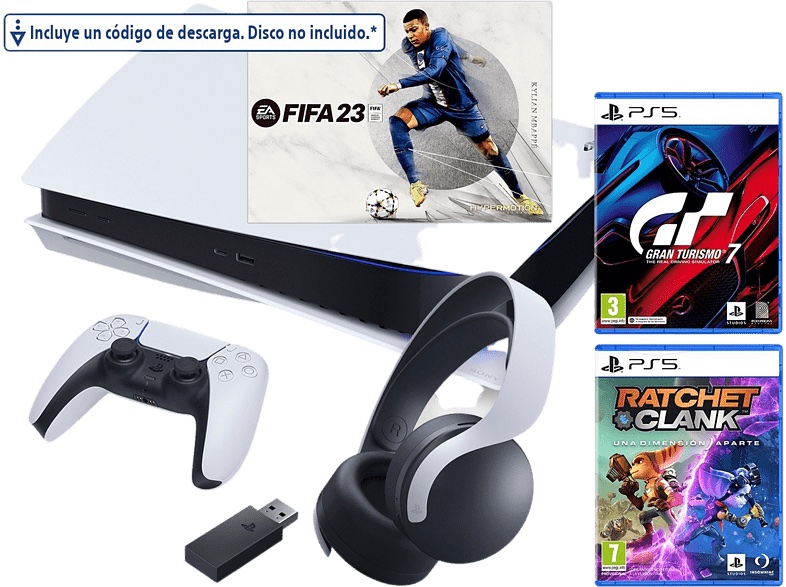 Console - Sony PS5, 825GB, 4K HDR, White + 1 DualSense™ Wireless Controller + FIFA 23, GT7 and Ratchet & Clank Games + Pulse 3D Gaming Headset