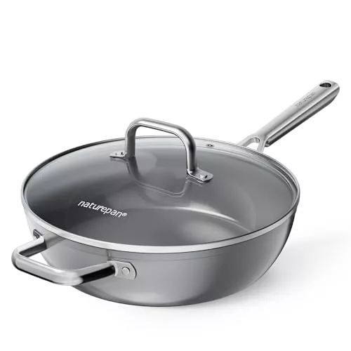 naturepan DiamondTitan Sartén de Cerámica 28 cm con Tapa, Antiadherente para Todas Cocinas, Sin PTFE PFAS PFOA, Aptas para Horno, Lavavajillas con Mango que Permanece Frío (Gris)