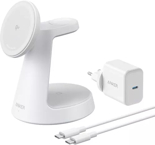 Anker MagGo Cargador Inalámbrico iPhone 3 en 1 con MagSafe 15W(Soporte de Carga), Cargador Magnético con Certificación Qi2, para iPhone 17/16/15 Air, Apple Watch, AirPods Pro y más(Adaptador Incluido)