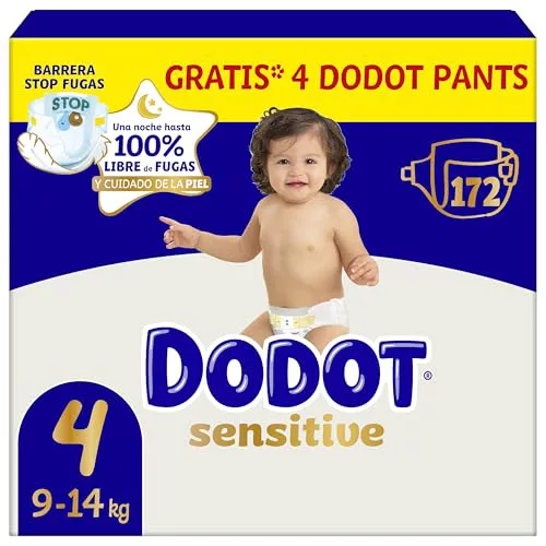 Dodot Pañales Bebé Sensitive, Talla 4 (9-14 kg), 172 Pañales + 4 Pants de Regalo